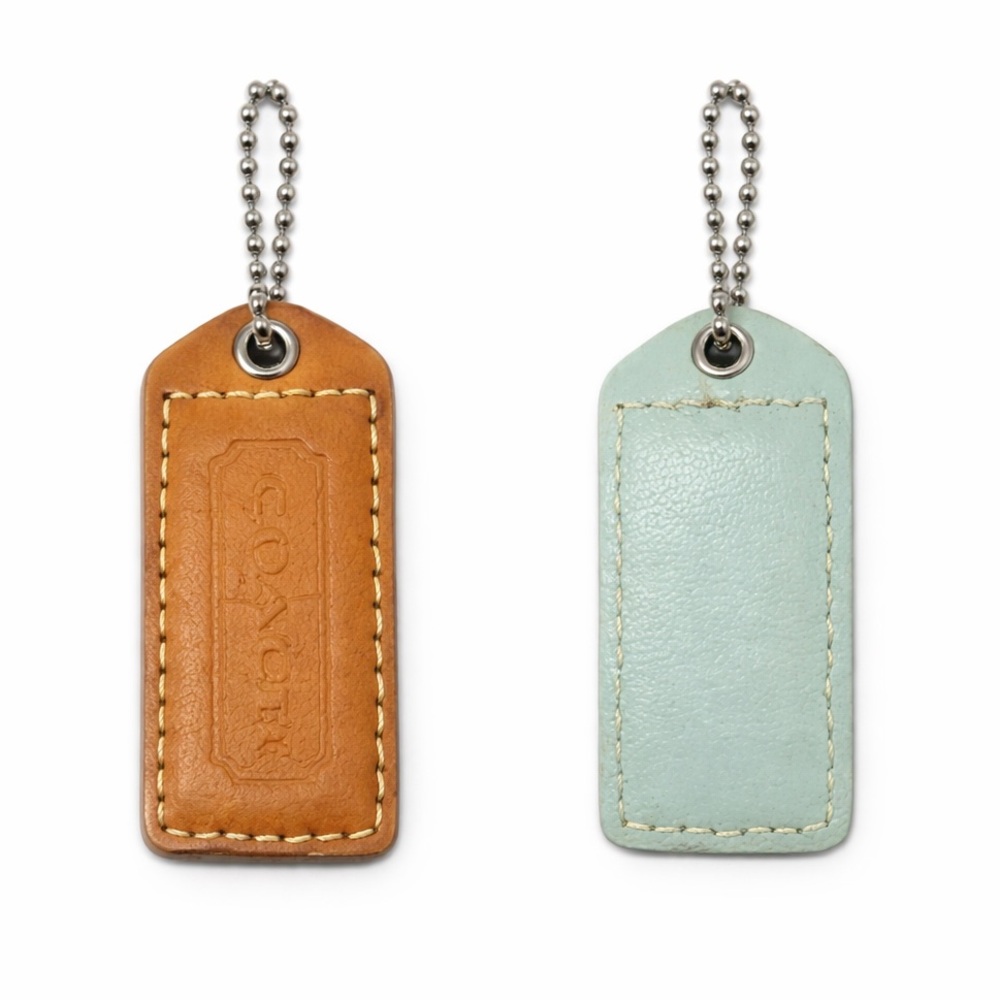 Coach Hangtag, Two-tone, tan/blue w/silver ball chain; 2”